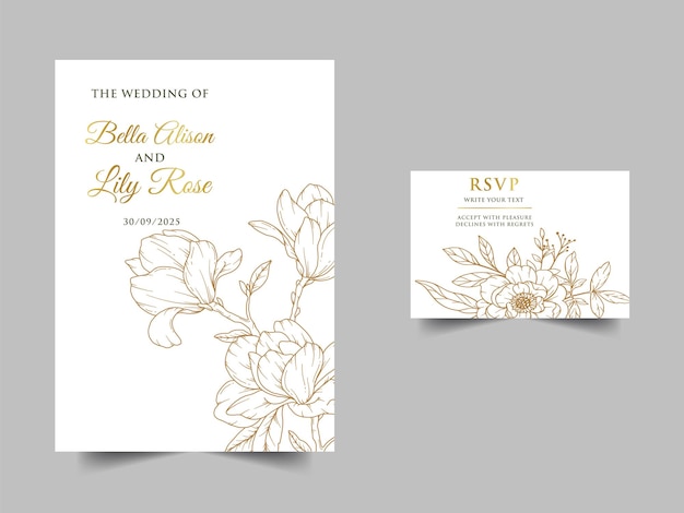 Line Art Flores de primavera Vector de tarjetas de invitación de boda Contorno de flores y primavera negra Floral