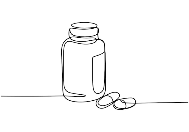 Line art illustration of a pill bottle and capsules