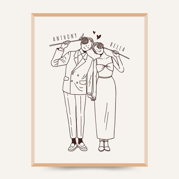 Line art lindos novios sosteniendo flores para cubrir sus rostros con nombres personalizados