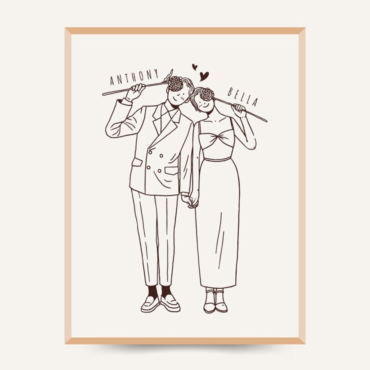Line art lindos novios sosteniendo flores para cubrir sus rostros con nombres personalizados