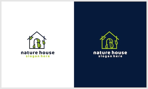 Line art nature house home con plantilla de diseño de logotipo de concepto de hoja