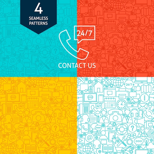 Line Contáctanos Patrones. Cuatro fondos inconsútiles del diseño del sitio web del vector.