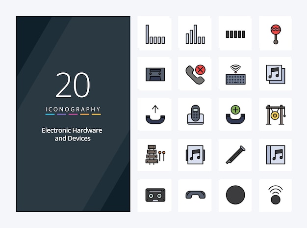 Línea de 20 dispositivos icono relleno para presentación