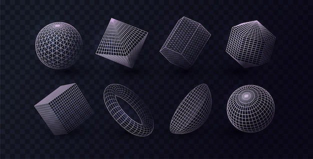 Línea 3d Formas geométricas poligonales Grilla de círculo y cuadrado Geometría abstracta Diseño gráfico de anillo de triángulo Cubo de malla Figuras de álgebra lineal Estilo de retroonda Ilustración vectorial Objetos exactos