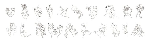 Línea abstracta moderna minimalista mujeres caras artes postal o diseño de portada de folleto Diferentes caras de mujer Arte de una línea Diseño de ilustraciones vectoriales