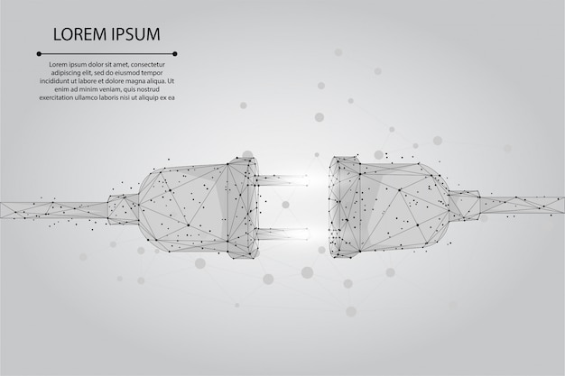 Línea abstracta y punto de toma de corriente con un enchufe. Concepto de conexión y desconexión poligonal. Ilustración de baja poli