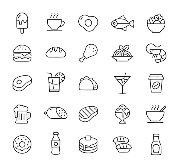 Línea de alimentos y bebidas Conjunto de iconos editables Ilustración vectorial de iconos relacionados con la gastronomía
