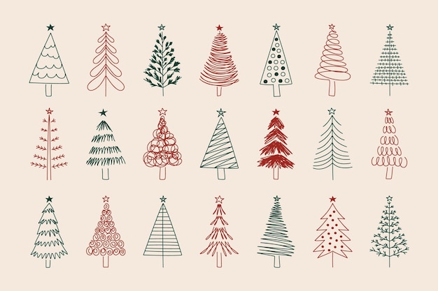 Línea árbol de año nuevo contorno símbolo de abeto de navidad para tarjetas postales de felicitación y carteles de celebración de vacaciones de invierno vector doodle colección de abetos ilustración árboles invierno blanco