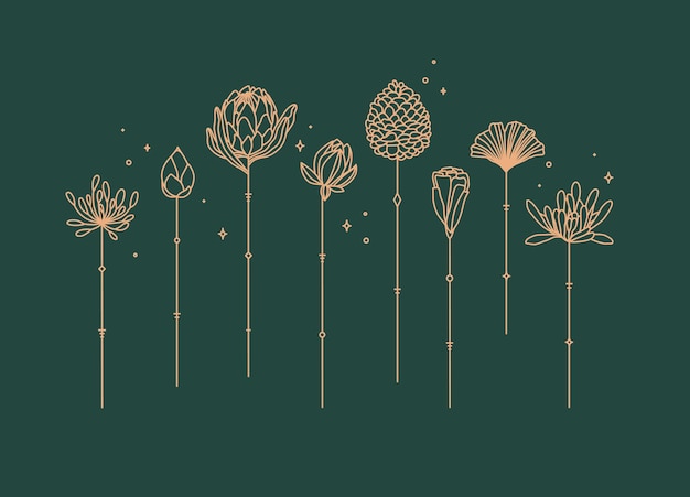 La línea Art Deco de flores verdes