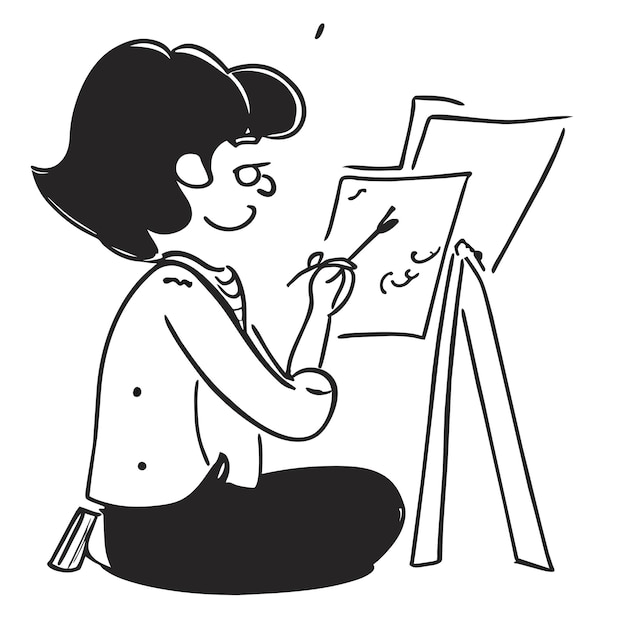 Línea arte artista pintura dibujado a mano dibujos animados pegatina icono concepto aislado ilustración