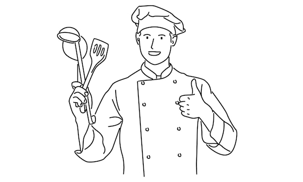línea de arte de chef con aparatos de cocina ilustración vectorial