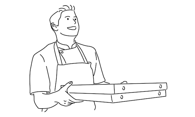 línea de arte de chef con cajas de pizza ilustración vectorial