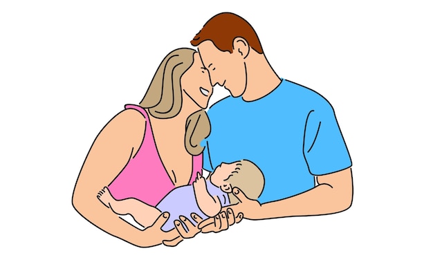 línea de arte color del concepto de la familia padre madre e hijo juntos
