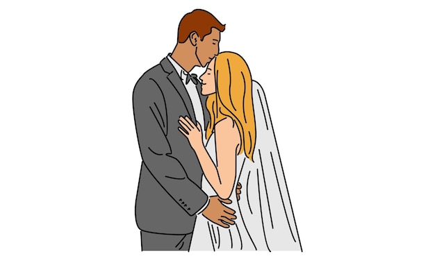 línea de arte color de hombre feliz casado y mujer romántica joven pareja de bodas