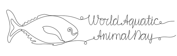 Línea de arte del Día Mundial de los Animales Acuáticos bandera horizontal larga con peces Diseño de contorno vectorial dibujado a mano con trazo editable
