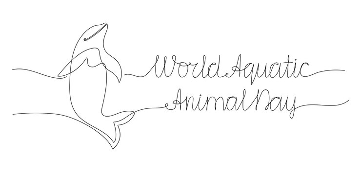 Línea de arte del estandarte del Día Mundial de los Animales Acuáticos con diseño de contorno vectorial dibujado a mano por Dolphin con trazo editable