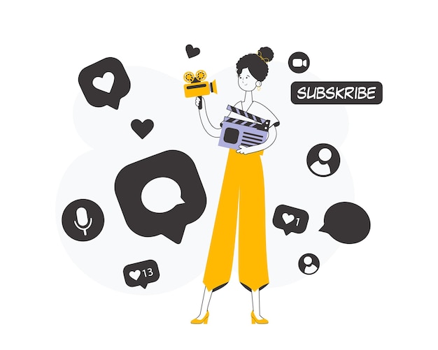 Línea arte estilo moderno Chica blogger El concepto de redes sociales Vector