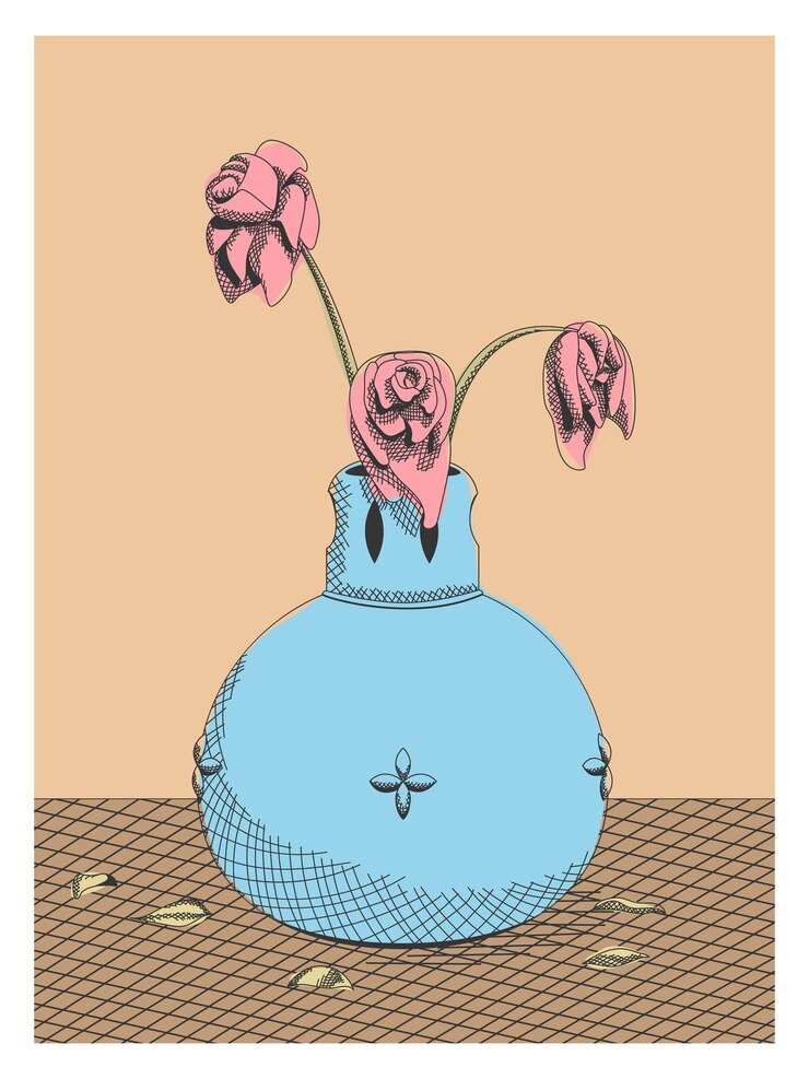 Vector línea de arte con flores marchitas en una olla, jarrón, colores pastel, para interiores, tarjetas, impresión