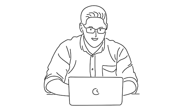 línea de arte del hombre trabajando en el ordenador portátil ilustración vectorial