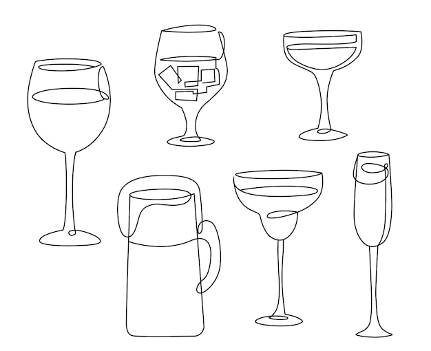 Vector línea arte juego de vasos con bebidas alcohólicas.