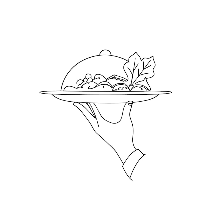 Vector línea de arte de la mano sostiene una bandeja de comida y sirve comida