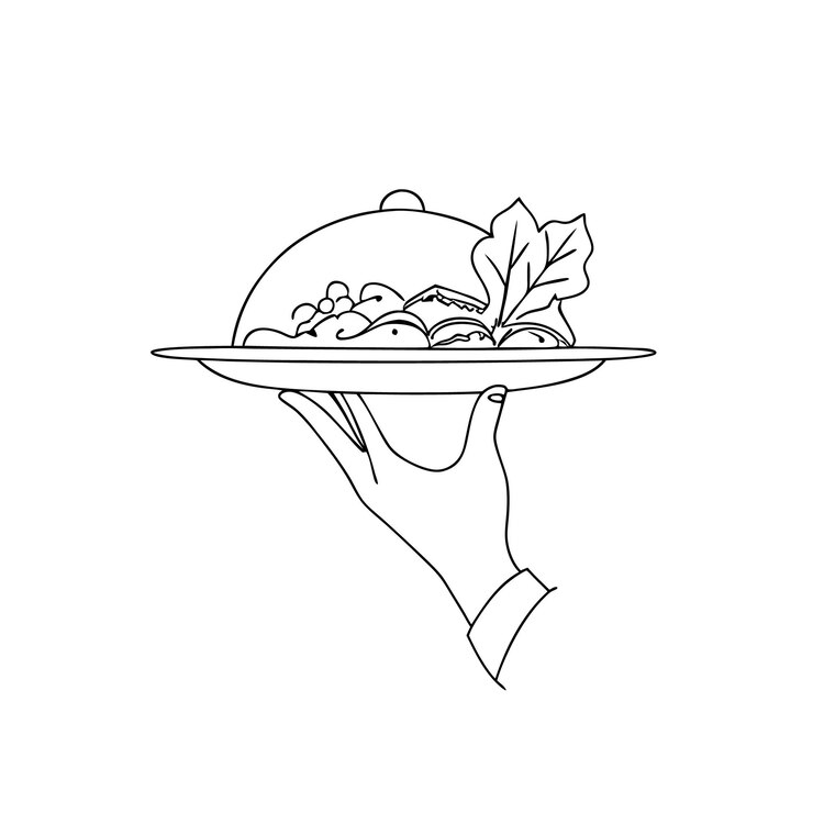 Vector línea de arte de la mano sostiene una bandeja de comida y sirve comida