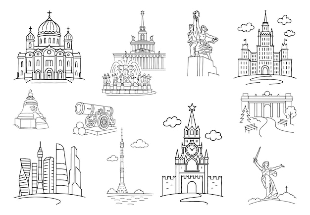 Línea de arte de Moscú monumentos famosos estatuas torres y parques en blanco y negro