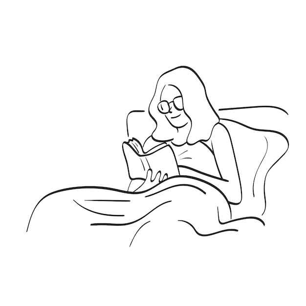 línea de arte mujer con gafas leyendo un libro en el dormitorio por la noche ilustración vectorial dibujada a mano aislada en fondo blanco