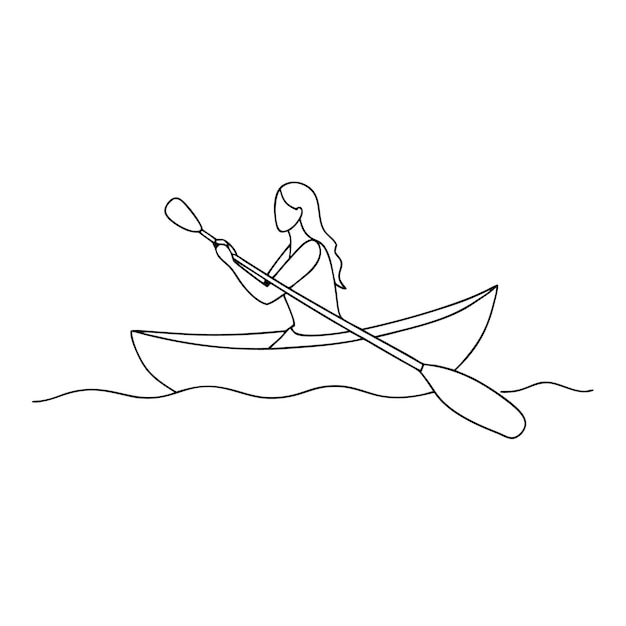 línea de arte de la mujer remando en canoa