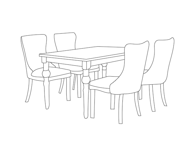 Línea de arte de sillas de madera con mesa de comedor en un interior moderno con fondo blanco.
