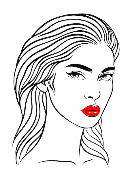 Línea arte simple retrato de mujer joven con labios rojos ilustración vectorial