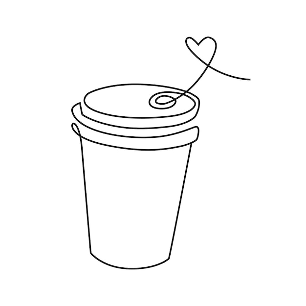 Línea arte taza de bebida caliente para llevar una taza de café lineal con vapor en forma de corazón