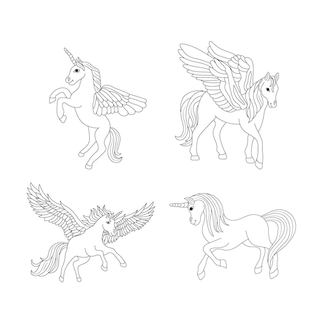 Línea arte unicornio conjunto niños ilustración para niños libro para colorear