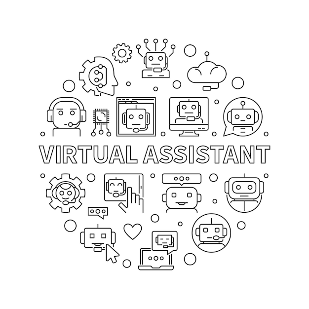 Línea de asistente virtual banner redondo Vector Chat en línea e ilustración de Chatbot