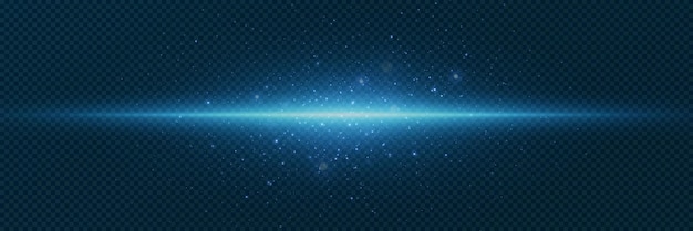 Línea azul brillante Efecto de luz con destello horizontal sobre un fondo transparente