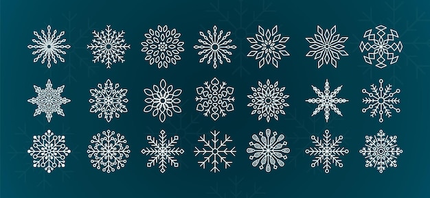 Línea blanca copos de nieve conjunto vectorial para el elemento de diseño de invierno silueta copos de neve aislados en fondo turquesa congelación colección de íconos de símbolos nieve forma gráfica de cristal de hielo