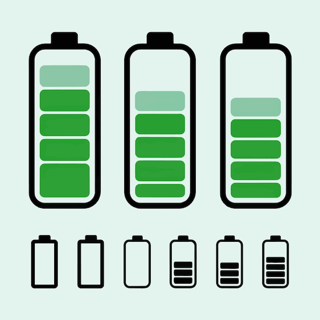 una línea de botellas de batería con etiquetas verdes y blancas