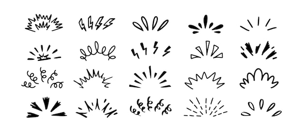 Línea de brillo pop Conjunto de dibujos de Doodle Sunburst elementos dibujados a mano