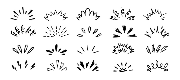 Línea de brillo pop Conjunto de dibujos de Doodle Sunburst elementos dibujados a mano