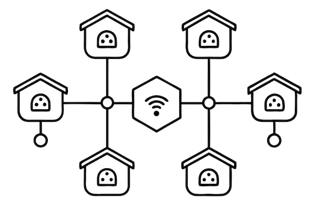 una línea de cables conectados con una casa en ella