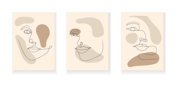 Línea de caras de mujeres en vector de arte de pared abstracto set Retrato surrealista Cara de niña en estilo de línea