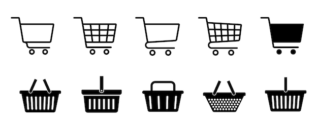 una línea de carros de compras y un carro de compras en un fondo blanco