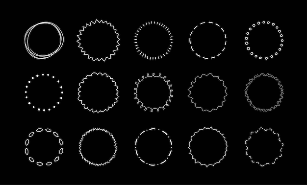 Línea de círculo dibujada a mano sobre fondo negro Elementos de diseño de garabatos Insignia de diferentes círculos para borde de ráfaga de marco Ilustración vectorial