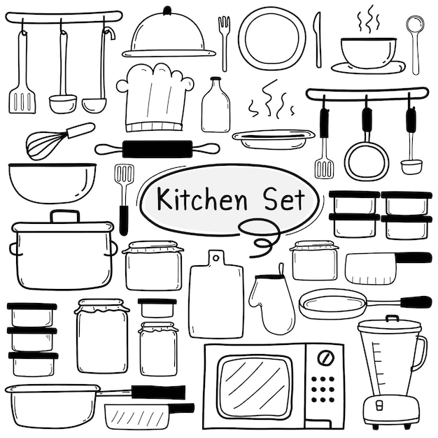 Vector línea de cocina dibujada a mano doodle set