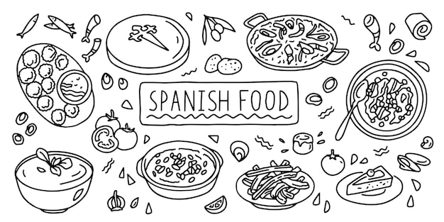 Vector línea de comida de cocina española estilo de contorno de doodle simple vector stock ilustración en blanco y negro