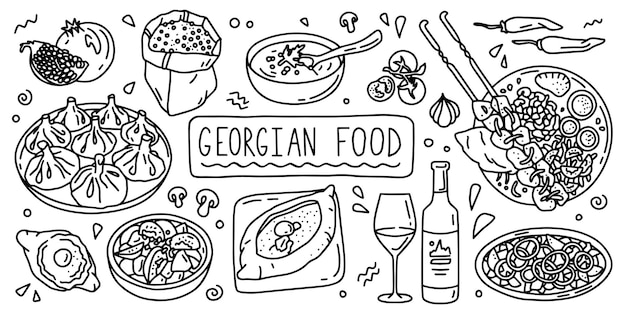Línea de comida de cocina georgiana estilo de contorno de doodle simple Vector stock ilustración en blanco y negro