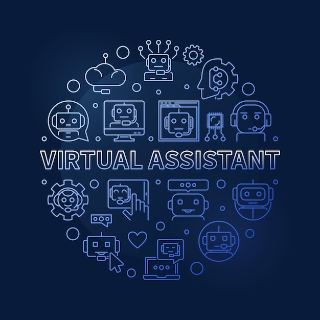 Línea de concepto de asistente virtual banner azul redondo Ilustración de vector de Chatbot y chat en línea
