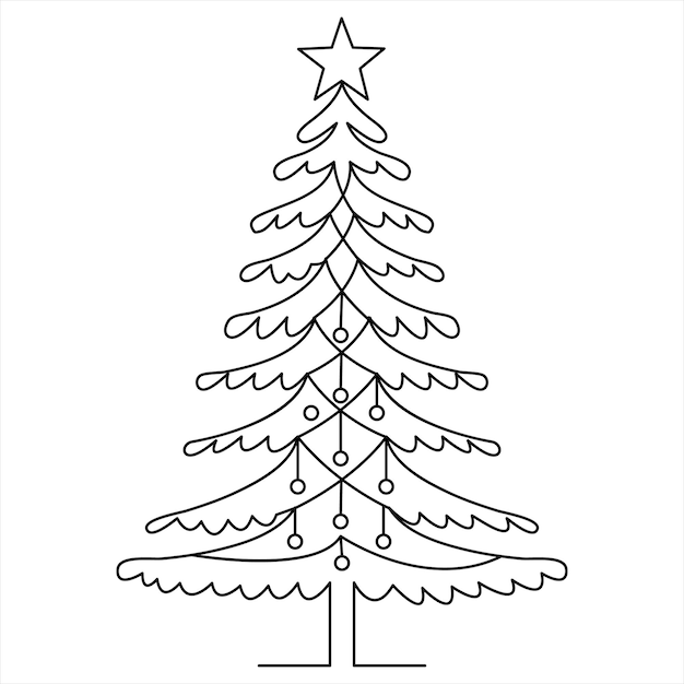 Una línea continua de árbol de Navidad lindo y estrella dibujado a mano contorno vector doodle diseño minimalista