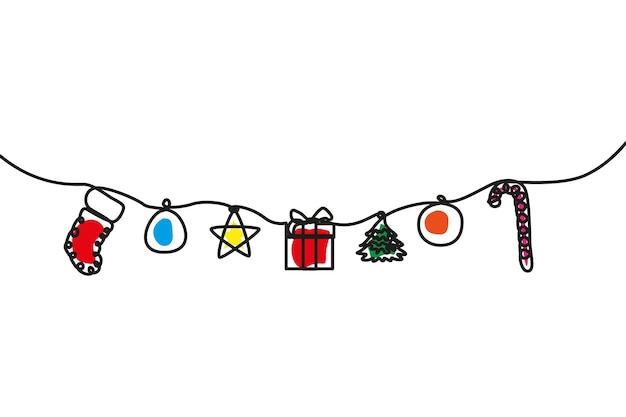 Línea continua colgando bola de caramelo árbol de Navidad caja de regalos estrella y calcetín