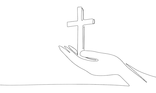 Vector una línea continua cruz en la mano línea arte cruz cristiana en manos aisladas sobre fondo blanco